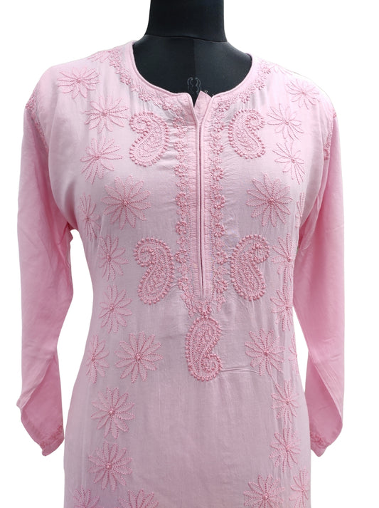 Shyamal Chikan Hand Embroidered Pink Modal Cotton Lucknowi Chikankari Kurti- S13511