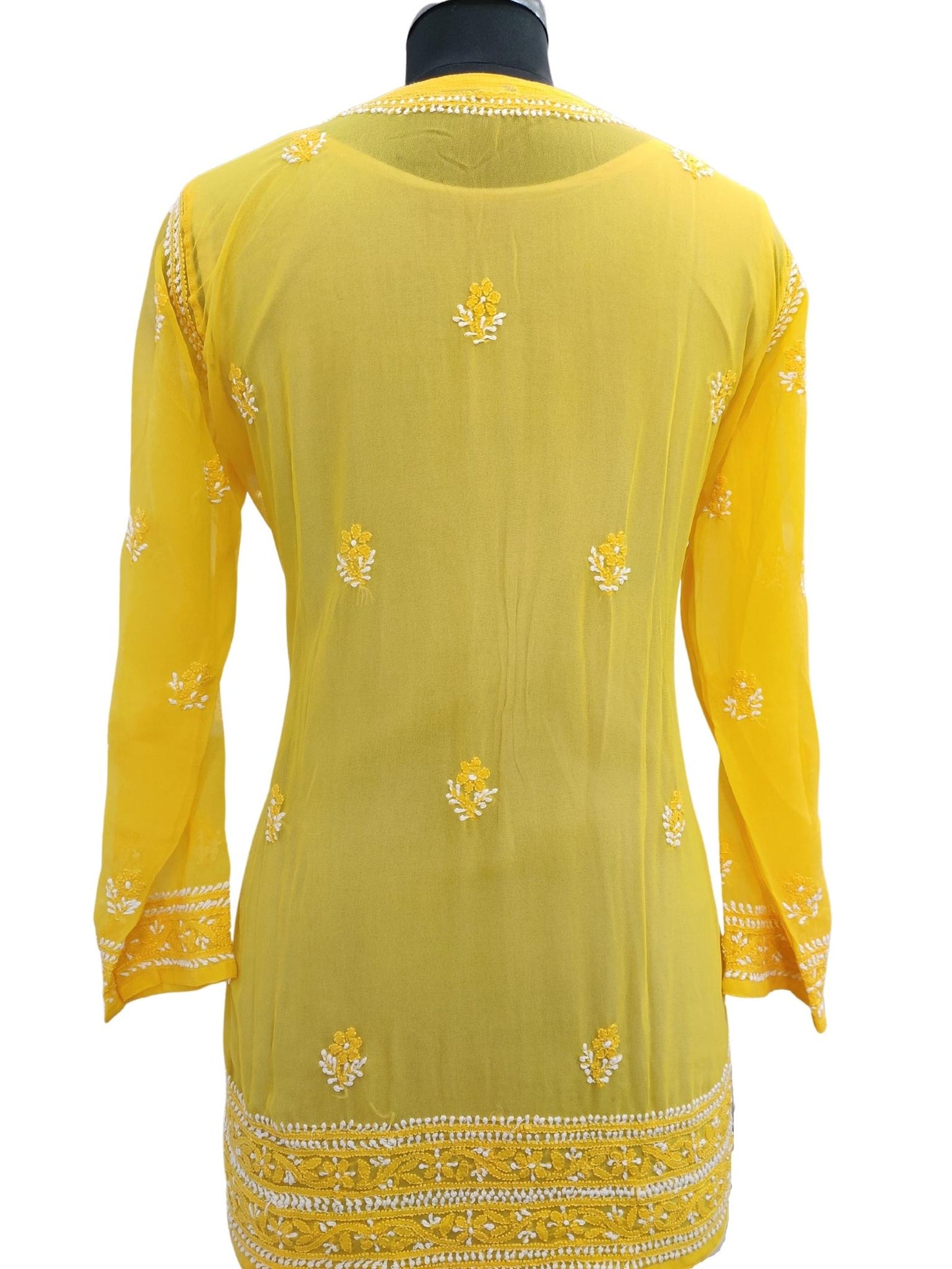 Shyamal Chikan Hand Embroidered Yellow Georgette Lucknowi Chikankari Short Top- S15720
