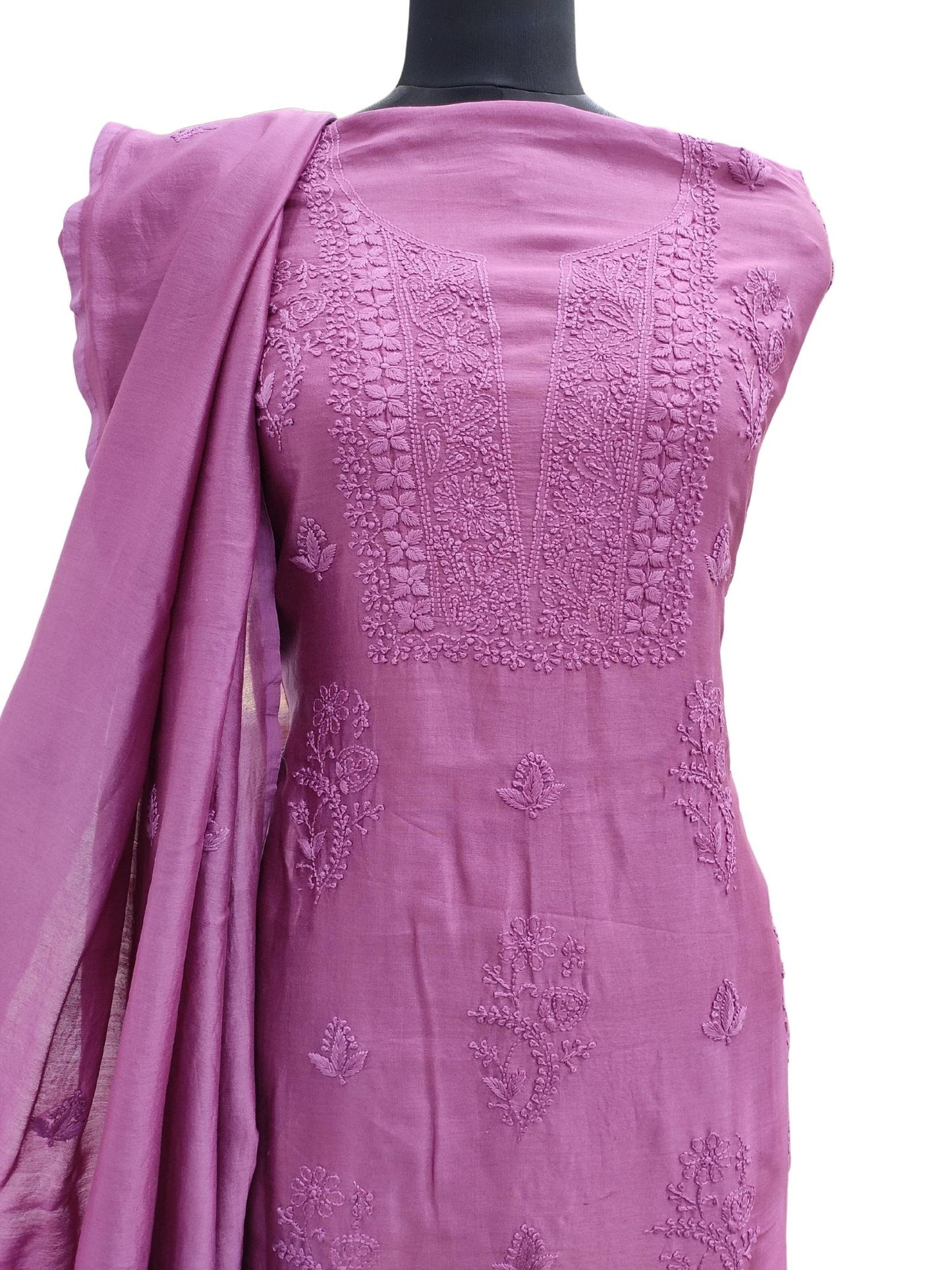 Shyamal Chikan Hand Embroidered Purple Pure Chanderi Silk Lucknowi Chikankari Unstitched Suit Piece ( Kurta Dupatta Set ) - S13965