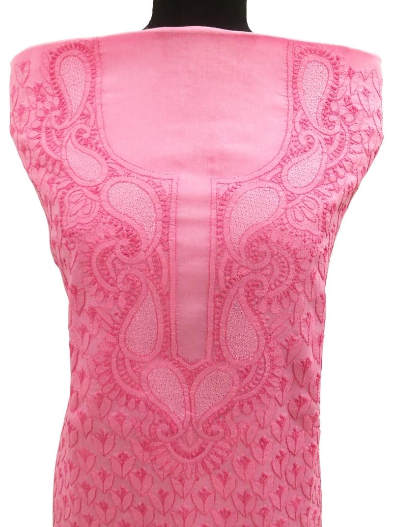 Shyamal Chikan Hand Embroidered Pink Cotton Lucknowi Chikankari Unstitched Kurta Piece - S5071