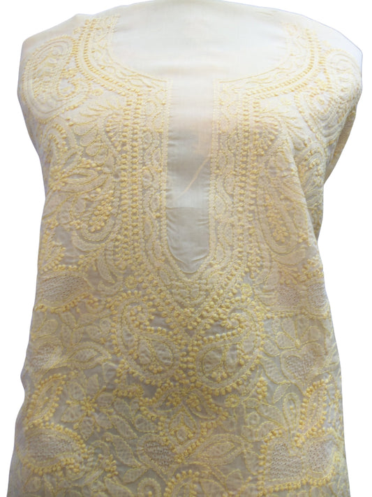 Shyamal Chikan Hand Embroidered Yellow Cotton Lucknowi Chikankari Unstitched Kurta Piece With Jaali Work - S2732