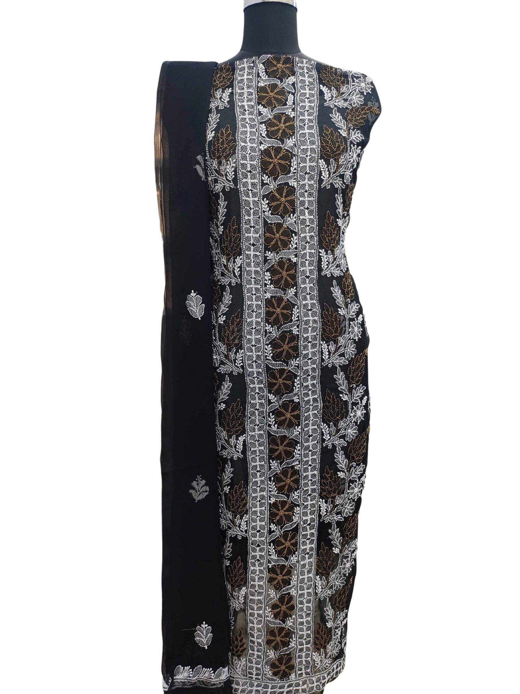 Shyamal Chikan Hand Embroidered Black Georgette Lucknowi Chikankari Unstitched Suit Piece- S11576