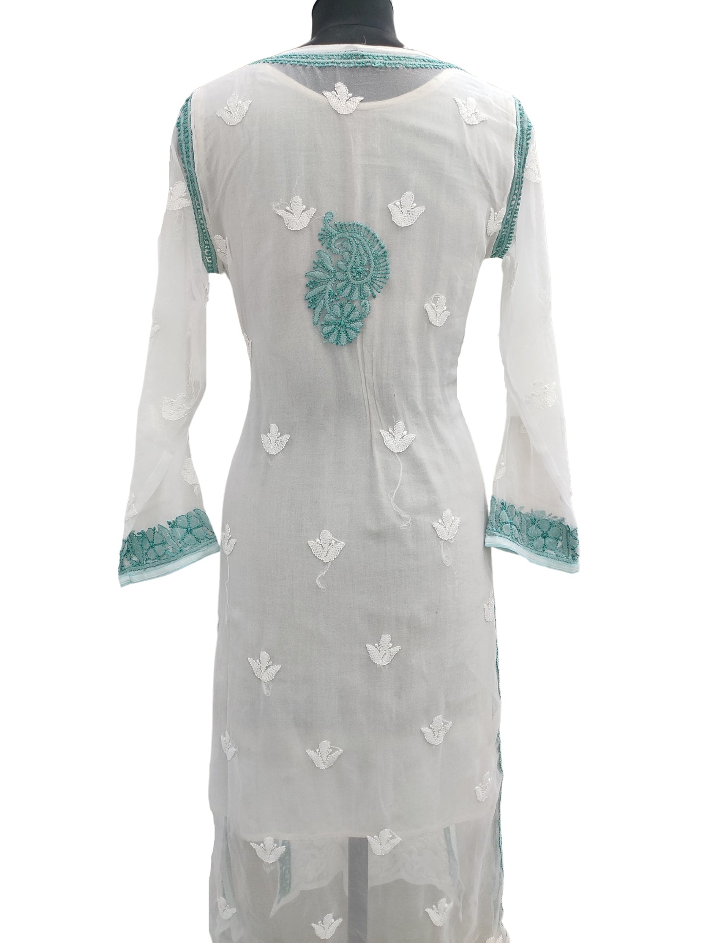 Shyamal Chikan Hand Embroidered White Georgette Lucknowi Chikankari Kurti - S12454