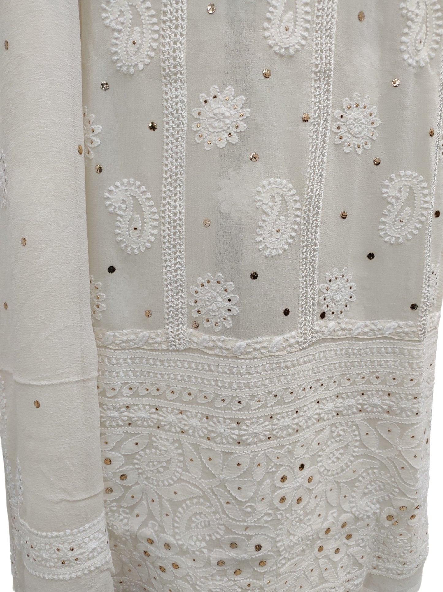Shyamal Chikan Hand Embroidered White Pure Georgette Lucknowi Chikankari Unstitched Suit Piece With Mukaish and Crosia Work - S2674