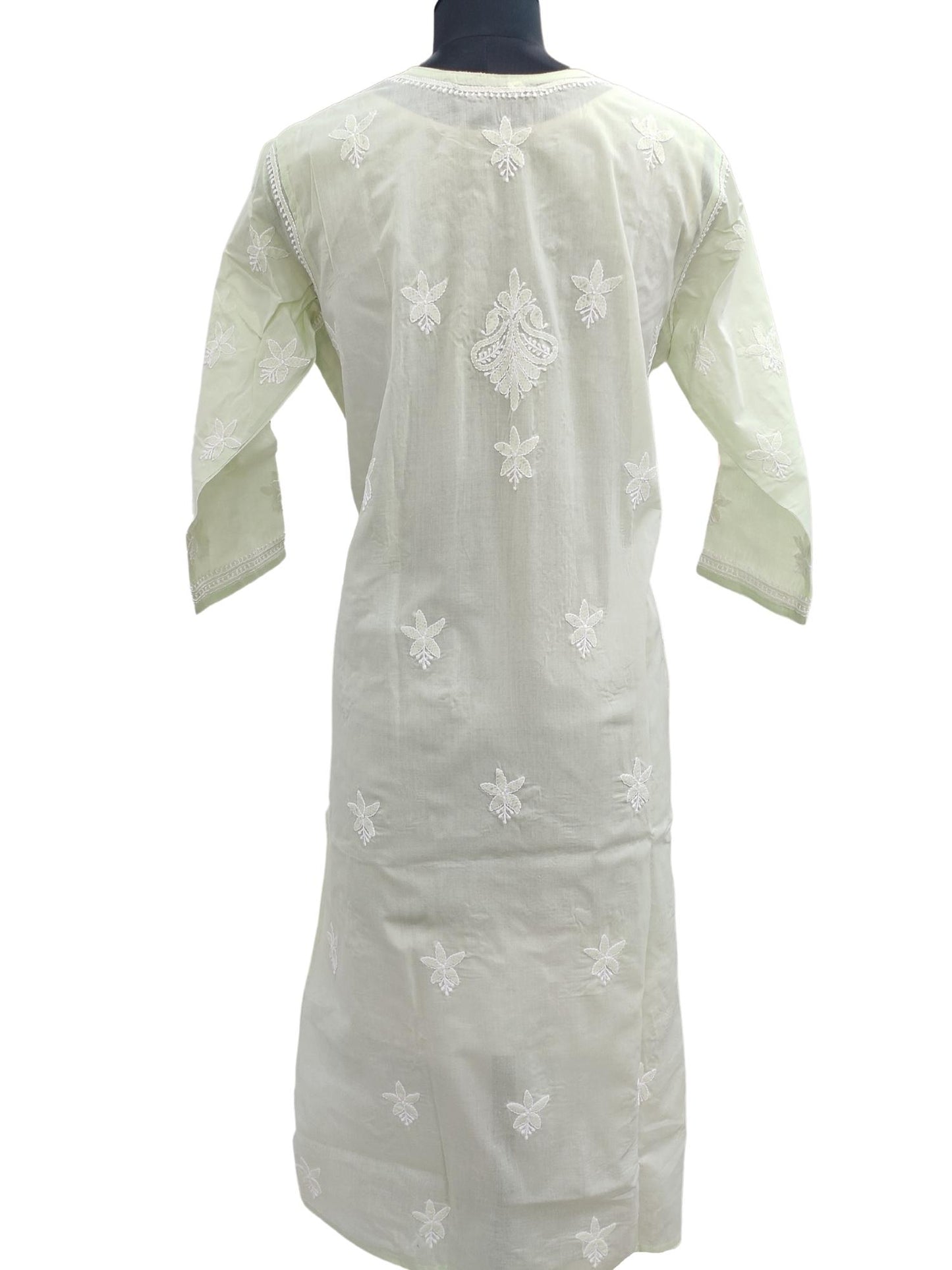 Shyamal Chikan Hand Embroidered Pista Green Cotton Lucknowi Chikankari Kurti- S13713