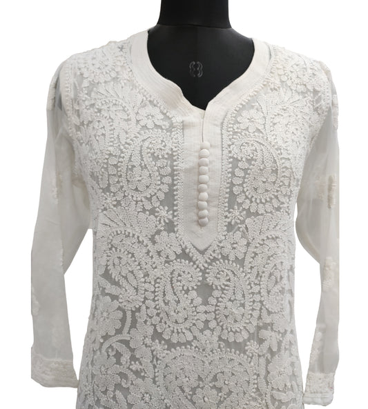 Shyamal Chikan Hand Embroidered White Georgette Lucknowi Chikankari Kurti - S6707