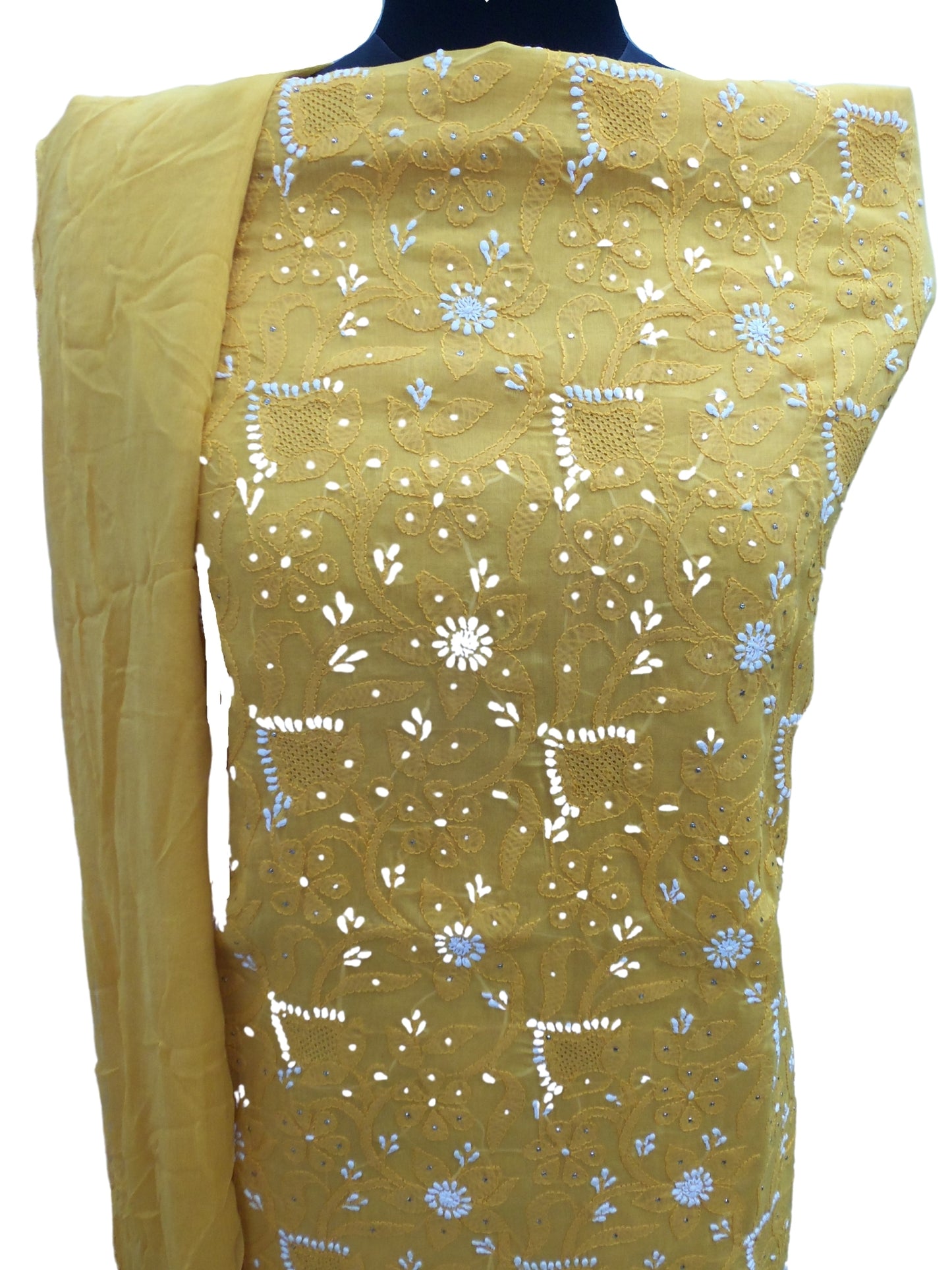 Shyamal Chikan Hand Embroidered Mustard Yellow Cotton Lucknowi Chikankari Unstitched Suit Piece With Mukaish Work - S707 - Shyamal Chikan