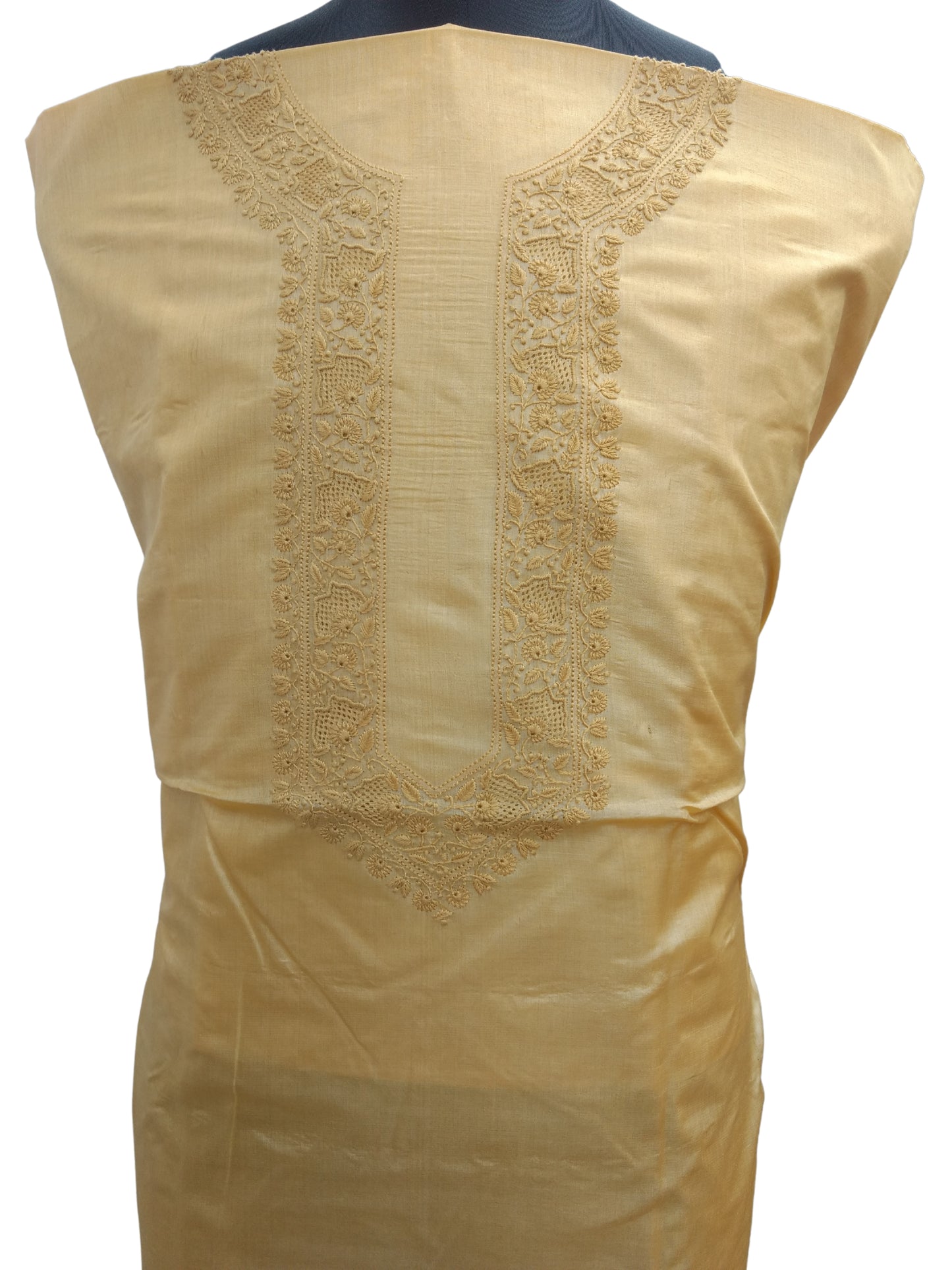 Shyamal Chikan Hand Embroidered Beige Pure Tusser Silk Lucknowi Chikankari Unstitched Men's Kurta Piece – S8298
