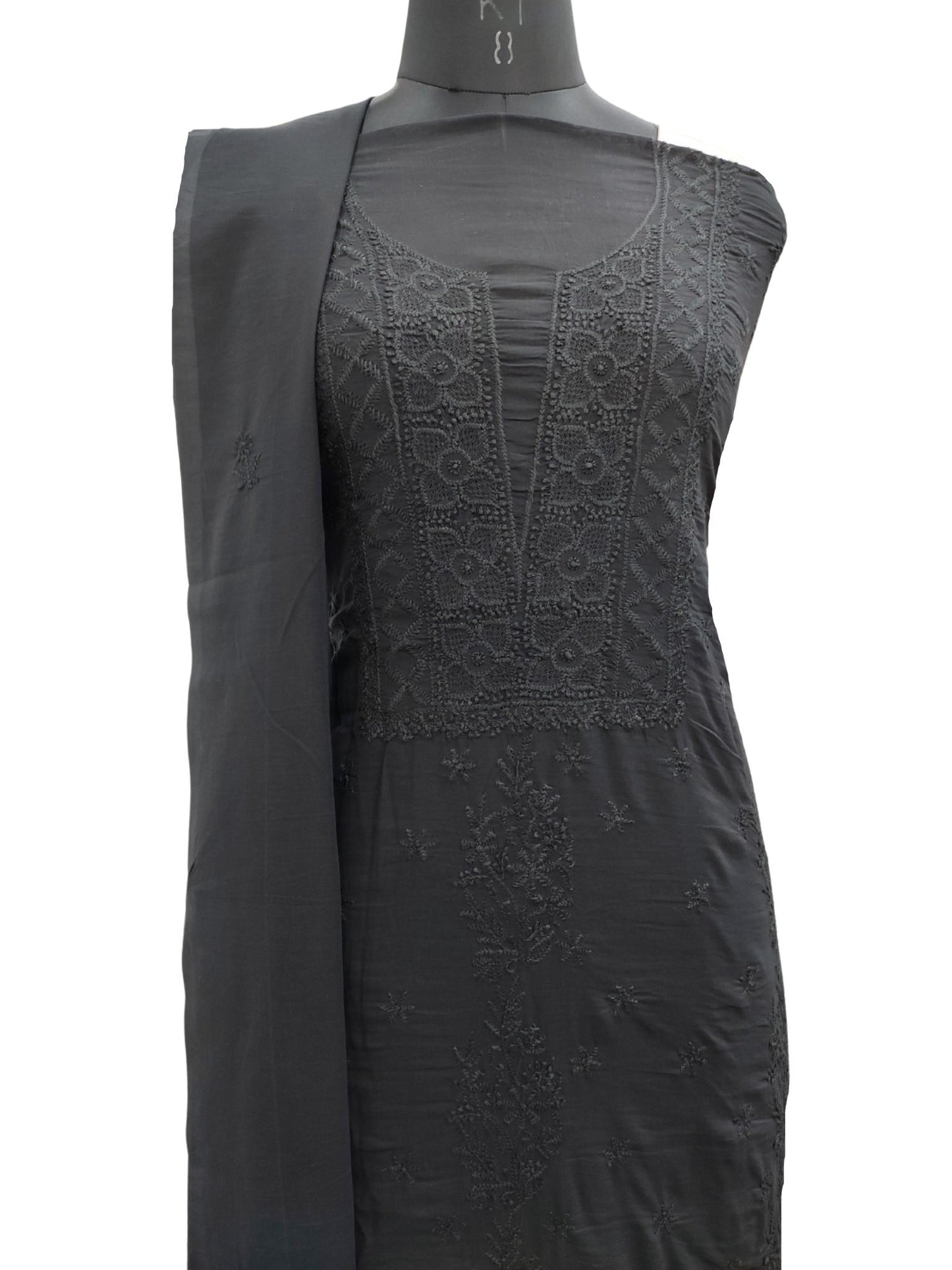 Shyamal Chikan Hand Embroidered Black Pure Cotton Lucknowi Chikankari Unstitched Suit Piece ( Kurta Dupatta Set ) - S17450