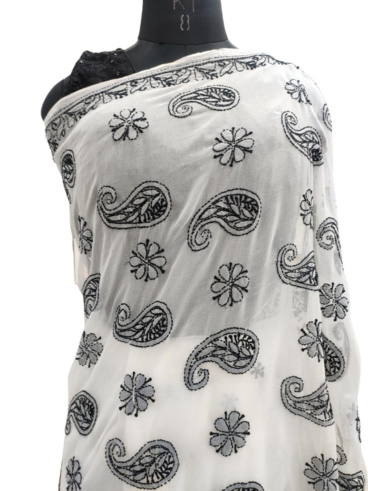 Shyamal Chikan Hand Embroidered White Georgette Lucknowi Chikankari Saree With Blouse Piece - S16939