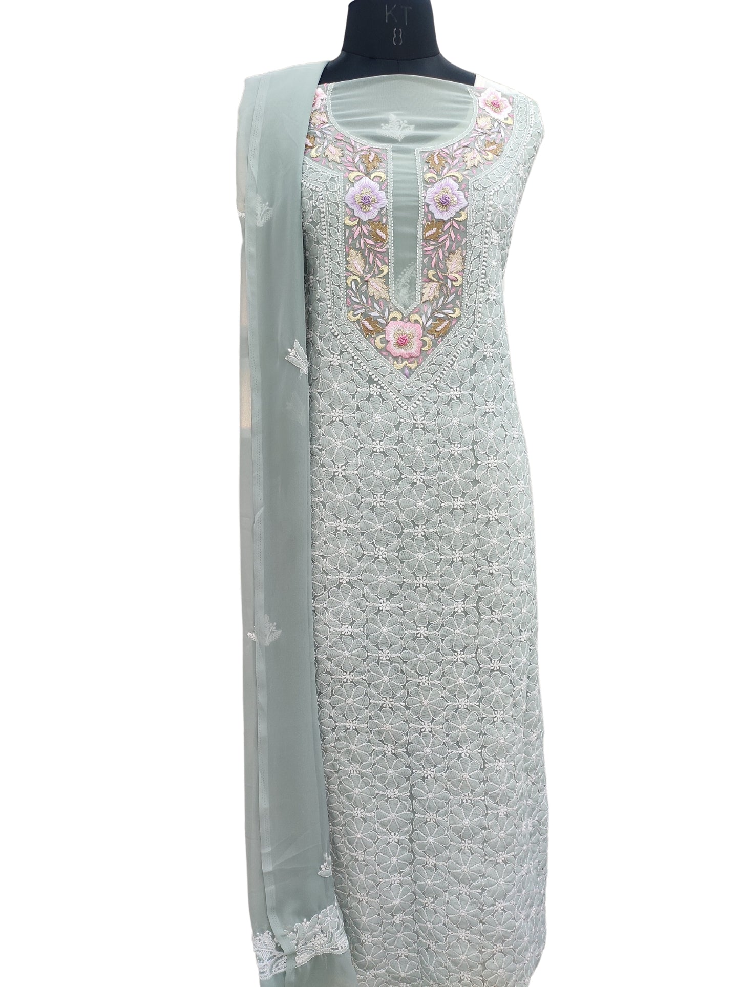 Shyamal Chikan Hand Embroidered Grey Georgette Lucknowi Chikankari Unstitched Suit Piece With Parsi Work - S19801