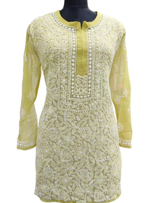 Shyamal Chikan Hand Embroidered Green Georgette All-Over Lucknowi Chikankari Short Top - S16048