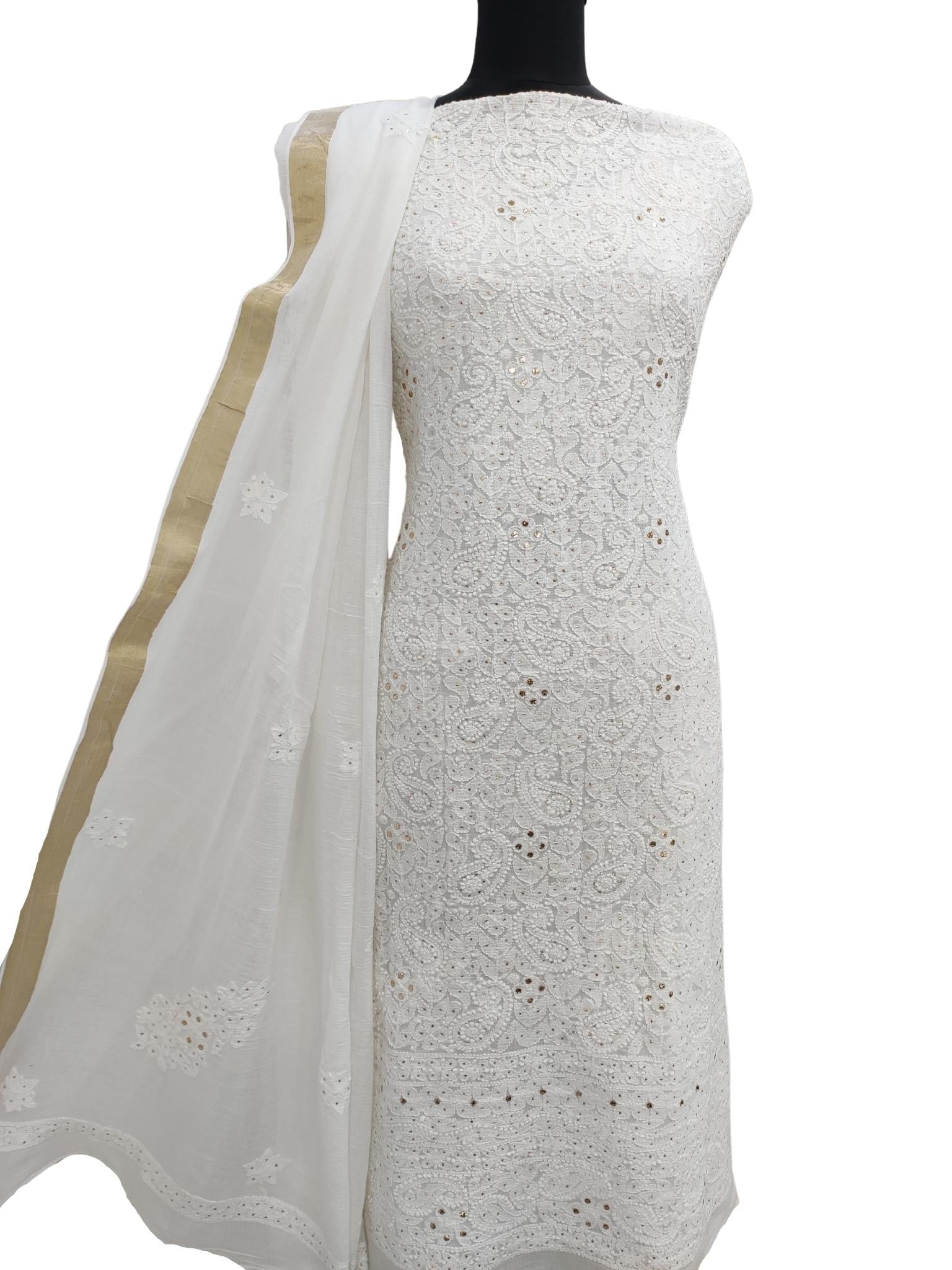 Shyamal Chikan Hand Embroidered White Mangalgiri Cotton Lucknowi Chikankari Unstitched Suit Piece With Mukaish Work ( Set of 2 ) - S16200