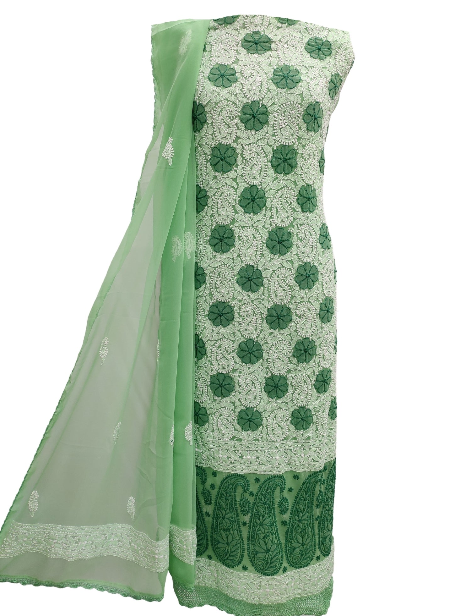 Shyamal Chikan Hand Embroidered Pista Green Georgette Lucknowi Chikankari Unstitched Suit Piece With Crosia Work - S10744 - Shyamal Chikan