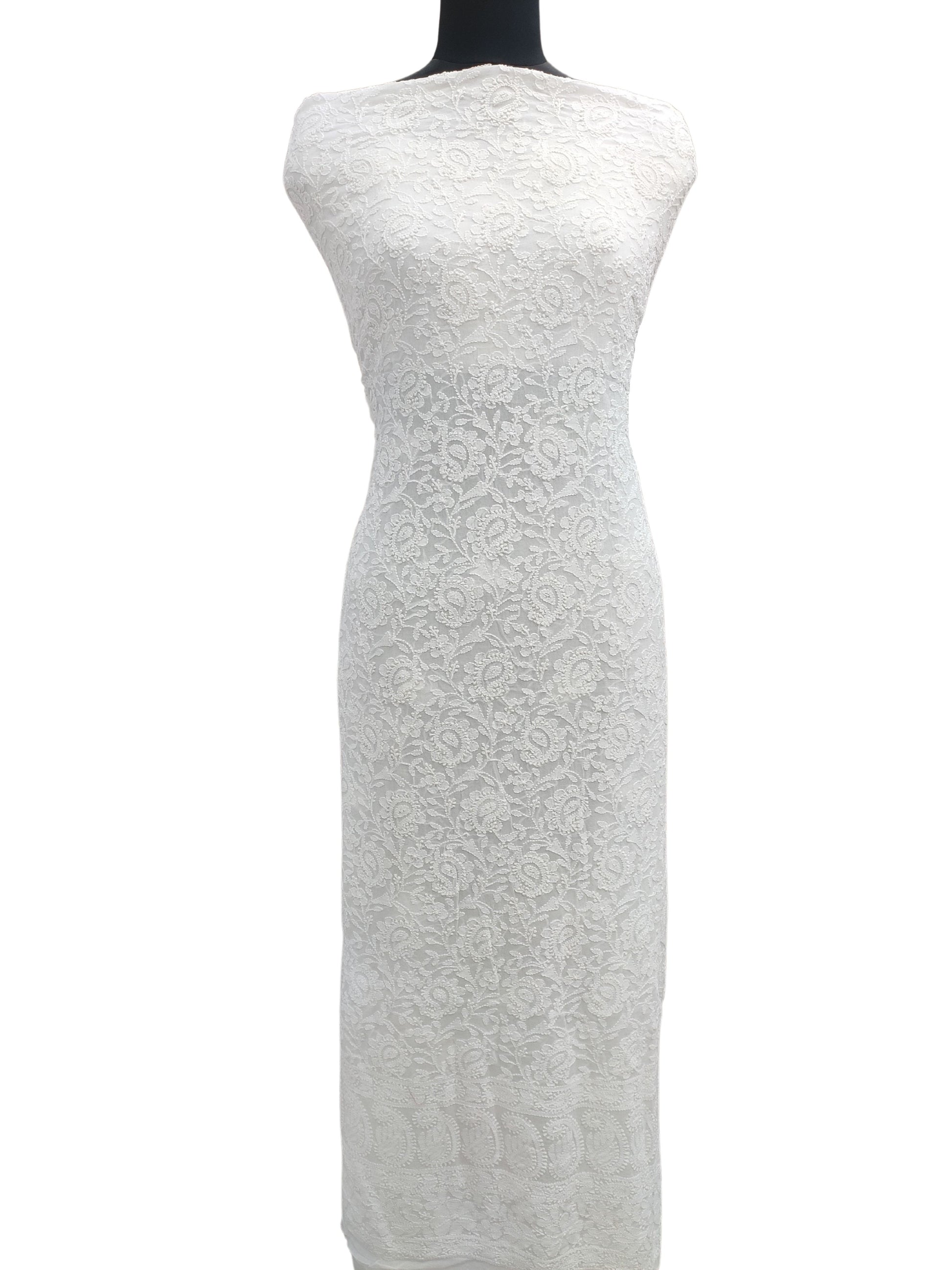 Shyamal Chikan Hand Embroidered White Viscose Georgette Lucknowi Chikankari Unstitched Kurta Piece- S13971