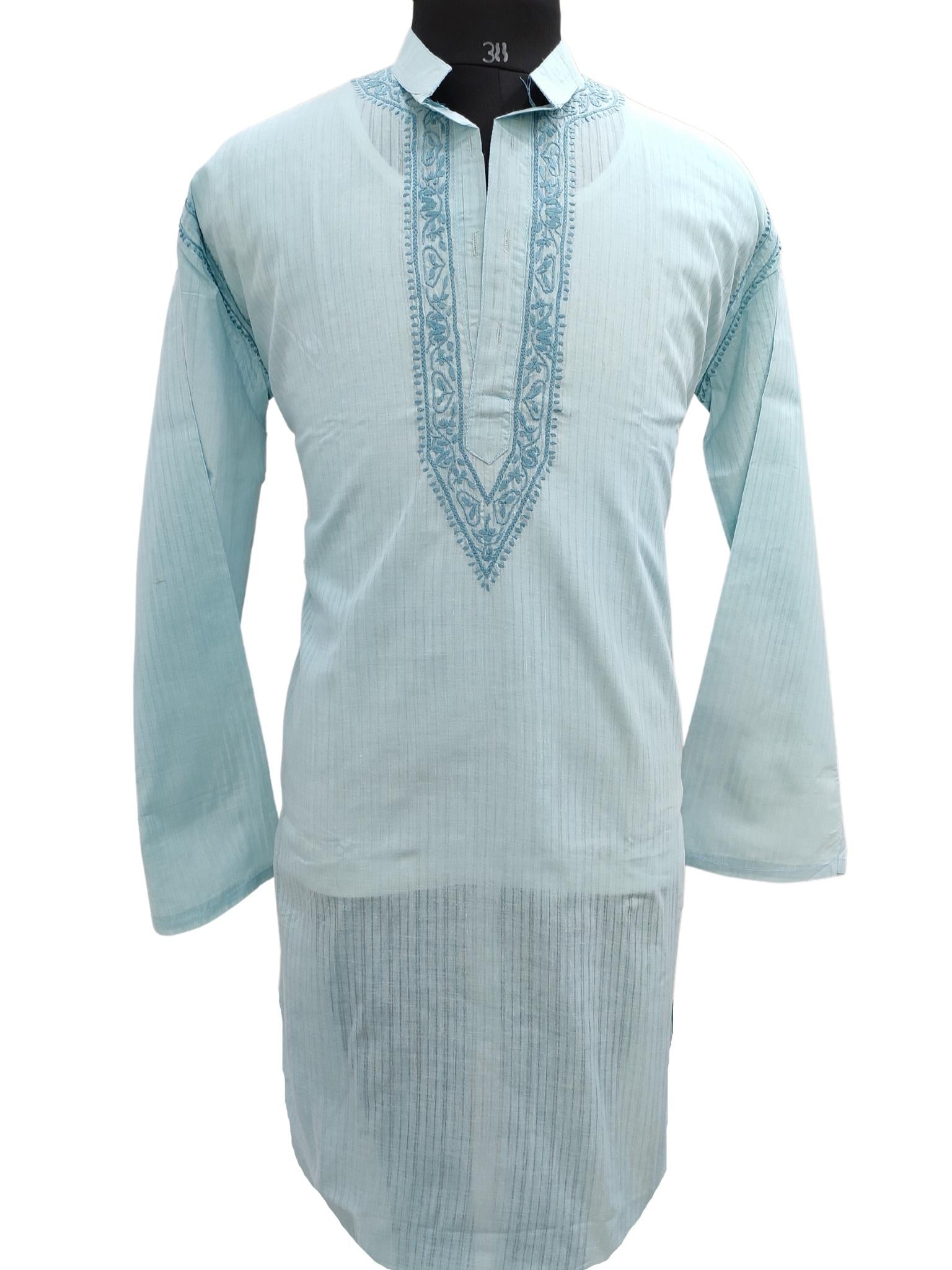 Shyamal Chikan Hand Embroidered Blue Cotton Lucknowi Chikankari Men's Kurta – S17303