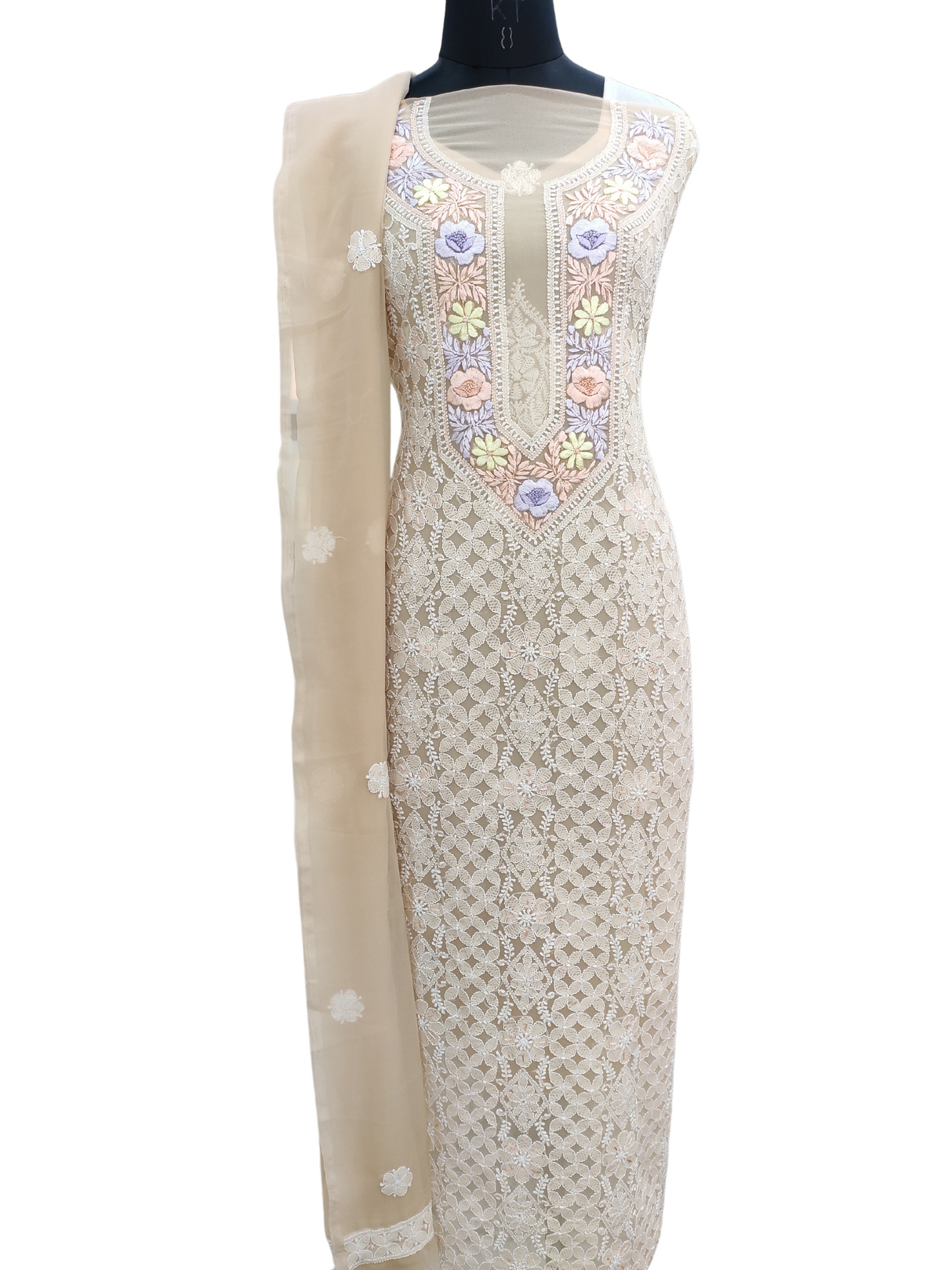 Shyamal Chikan Hand Embroidered BeigeGeorgette Lucknowi Chikankari Unstitched Suit Piece With Parsi Work - S18675