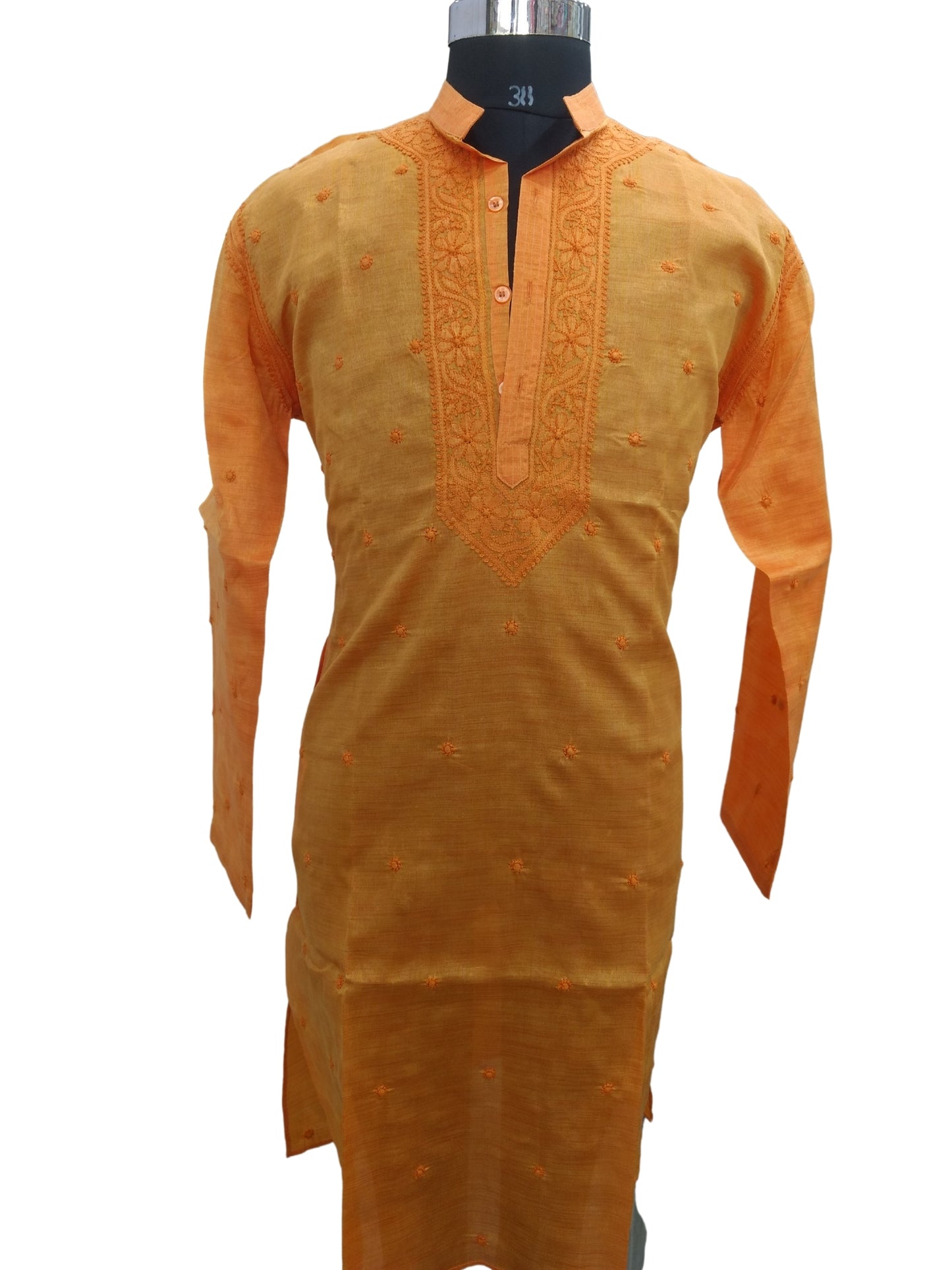 Shyamal Chikan Hand Embroidered Orange Cotton Lucknowi Chikankari Men's Kurta – S6868