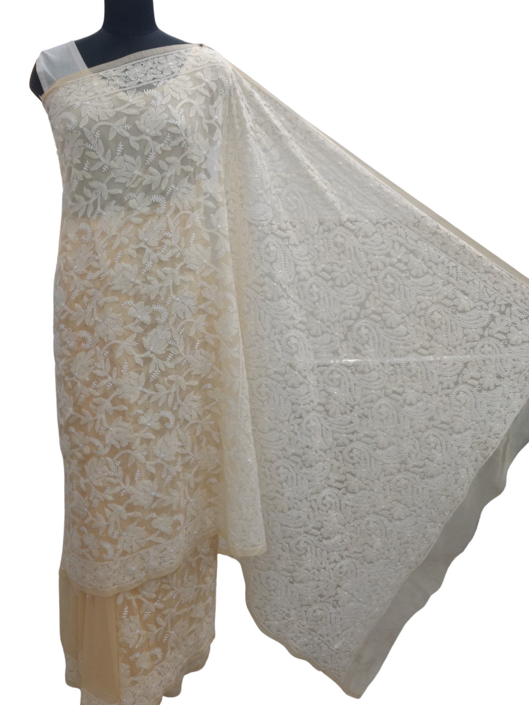 Shyamal Chikan Hand Embroidered Beige Georgette Lucknowi Chikankari Shoulder Jaal Saree With Blouse Piece - S7680