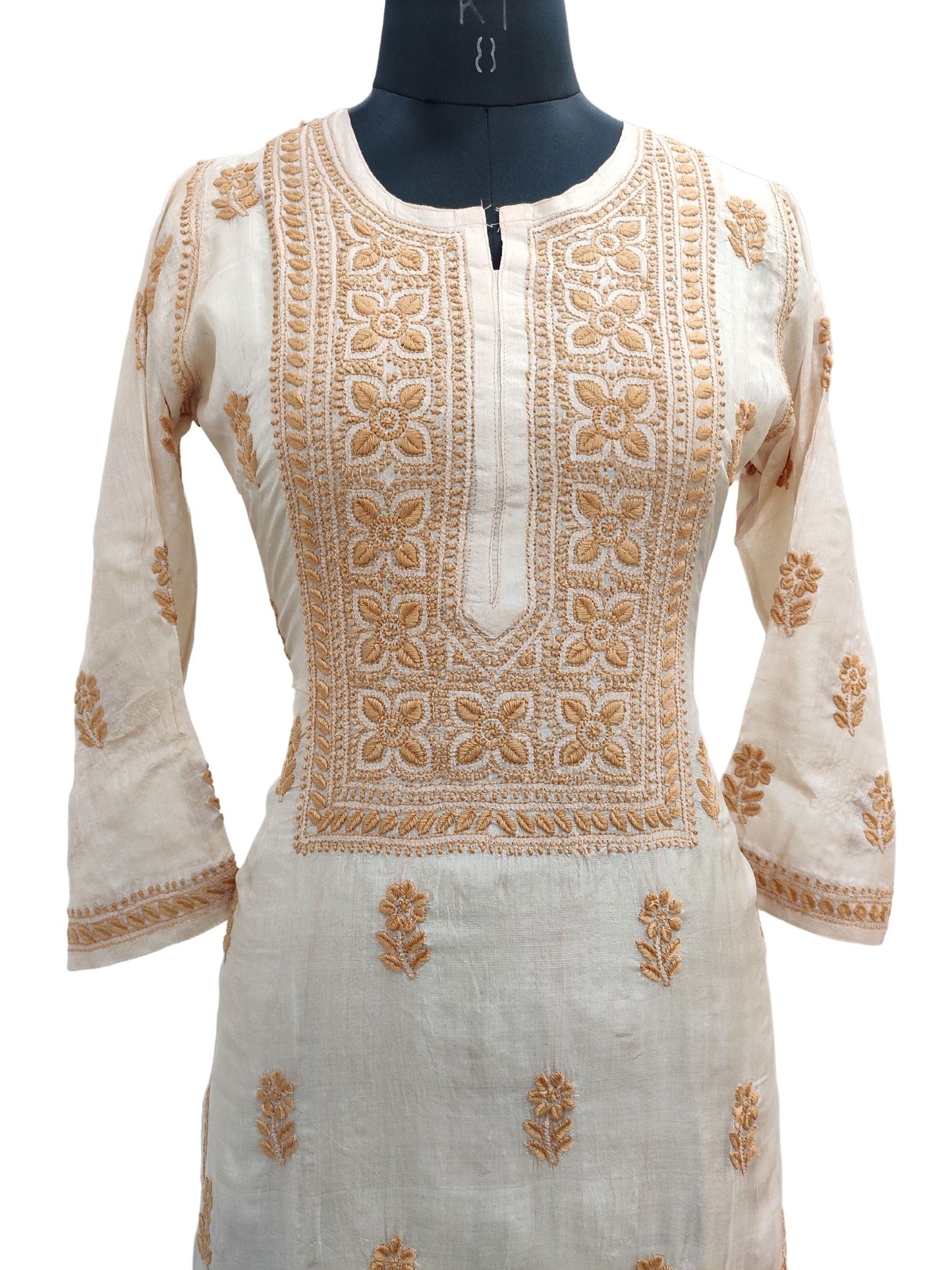 Shyamal Chikan Hand Embroidered Beige Pure Tusser Silk Lucknowi Chikankari Kurti- S18772