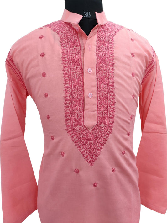 Shyamal Chikan Hand Embroidered Pink Cotton Lucknowi Chikankari Men's Kurta – S12959