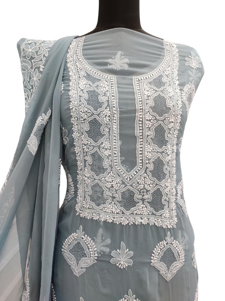 Shyamal Chikan Hand Embroidered Grey High Quality Georgette Lucknowi Chikankari Unstitched Suit Piece With Heavy Dupatta And Jaali Work - S14303