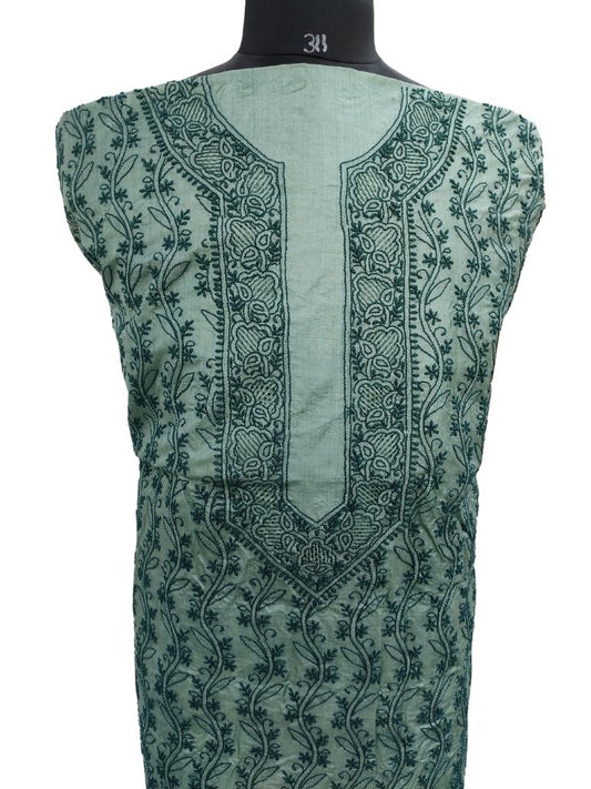 Shyamal Chikan Hand Embroidered Green Pure Tusser Silk Lucknowi Chikankari Unstitched Men's Kurta Piece – S14389