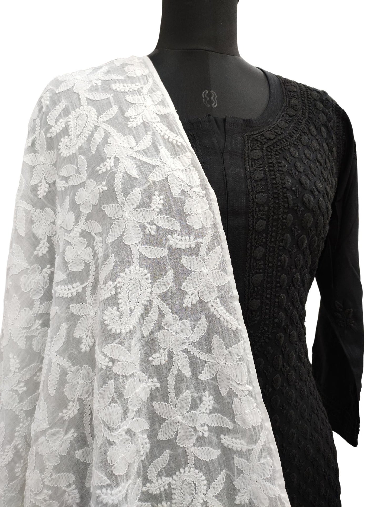 Shyamal Chikan Hand Embroidered White Malmal Cotton Lucknowi Chikankari Full Jaal Dupatta - S15435