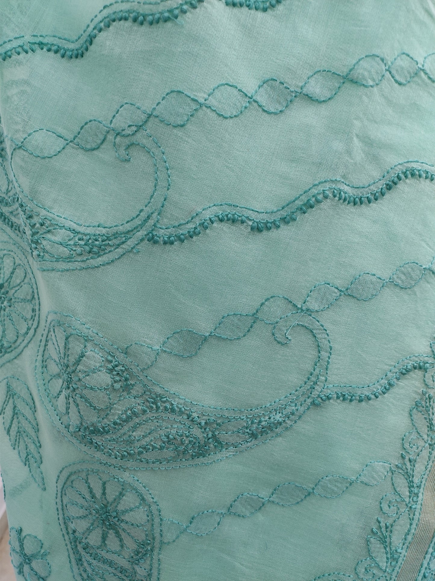 Shyamal Chikan Hand Embroidered Sea Green Chanderi Lucknowi Chikankari Skirt Saree With Blouse Piece - S11938