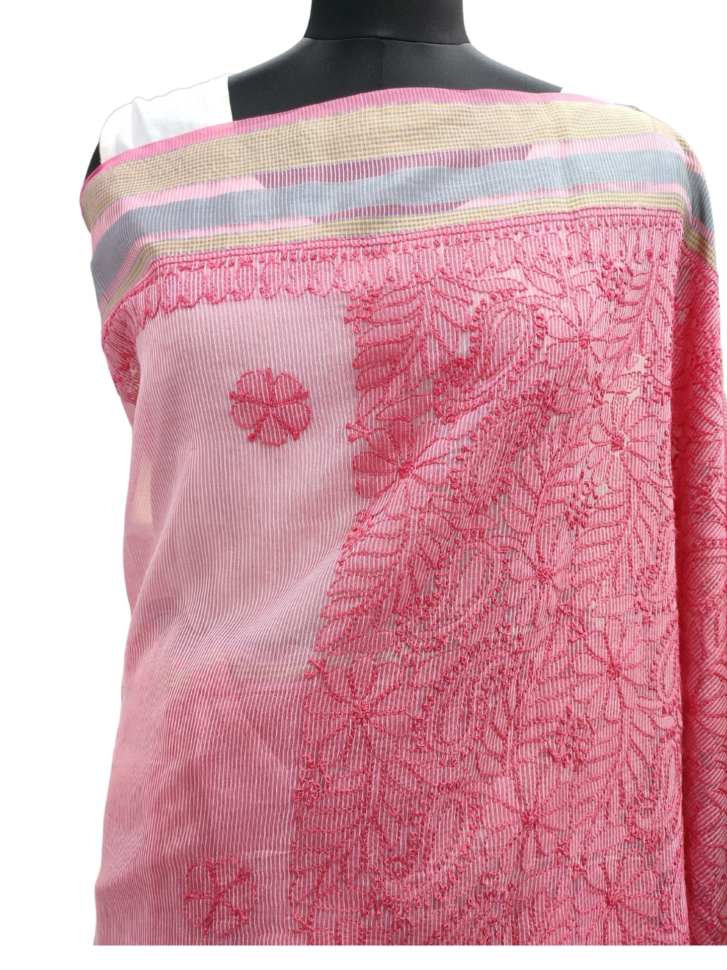 Shyamal Chikan Hand Embroidered Pink Chanderi Lucknowi Chikankari Saree With Blouse Piece - S4053