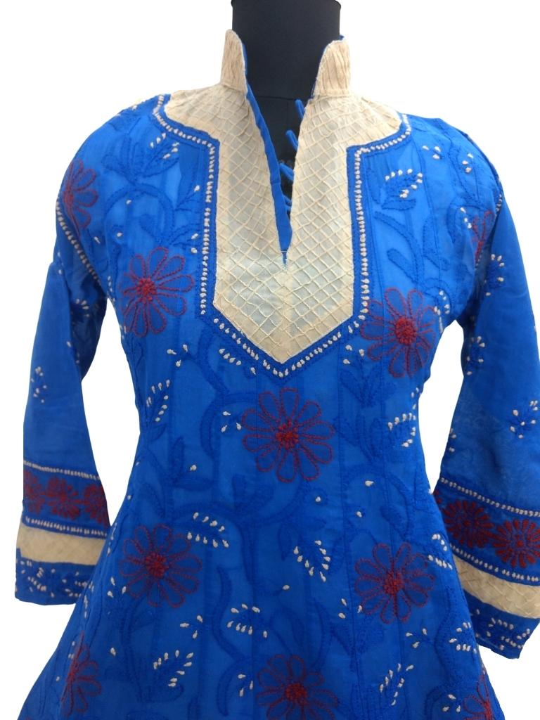 Shyamal Chikan Hand Embroidered Blue Cotton Lucknowi Chikankari Anarkali - S9147