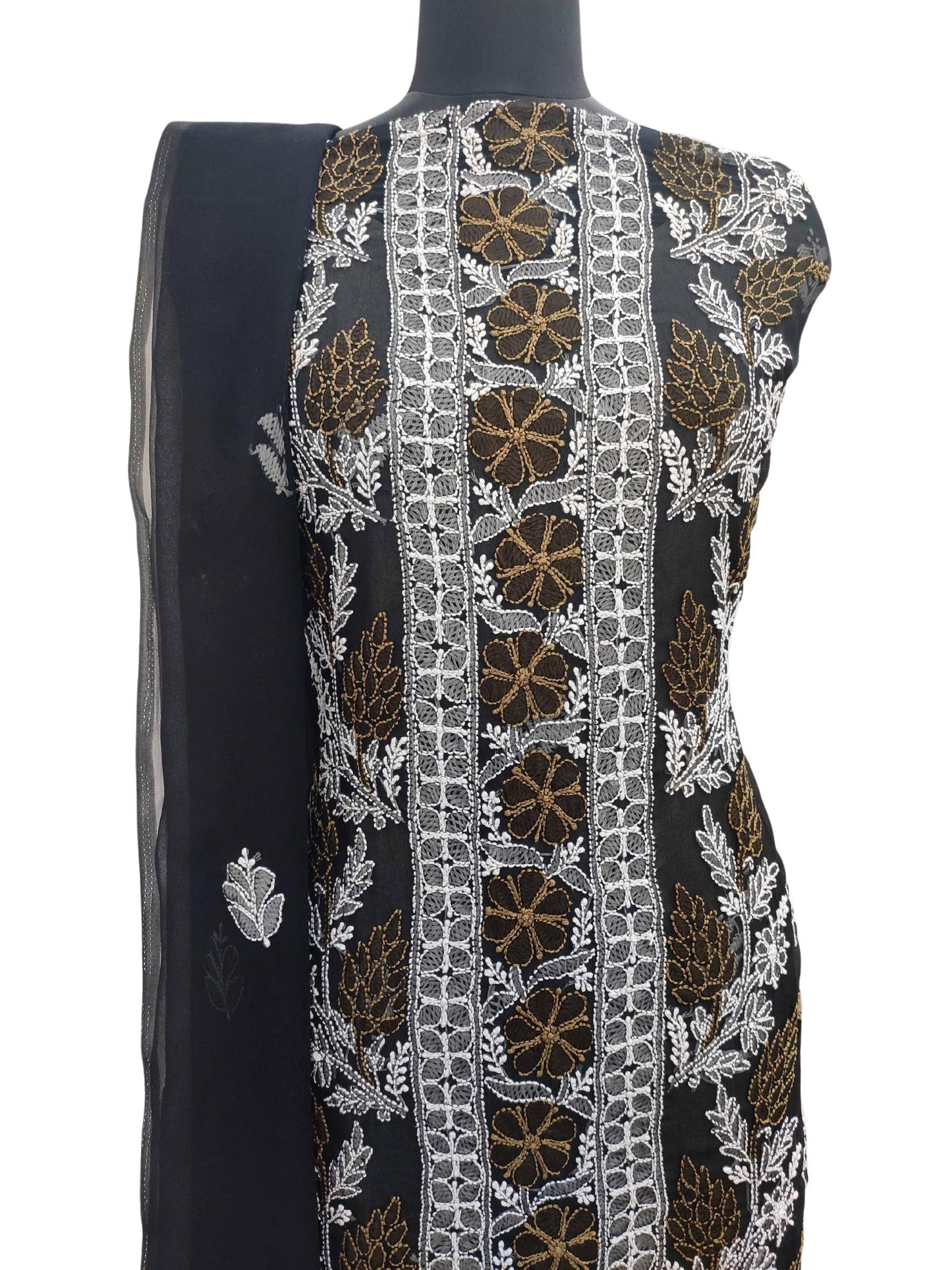 Shyamal Chikan Hand Embroidered Black Georgette Lucknowi Chikankari Unstitched Suit Piece- S11576
