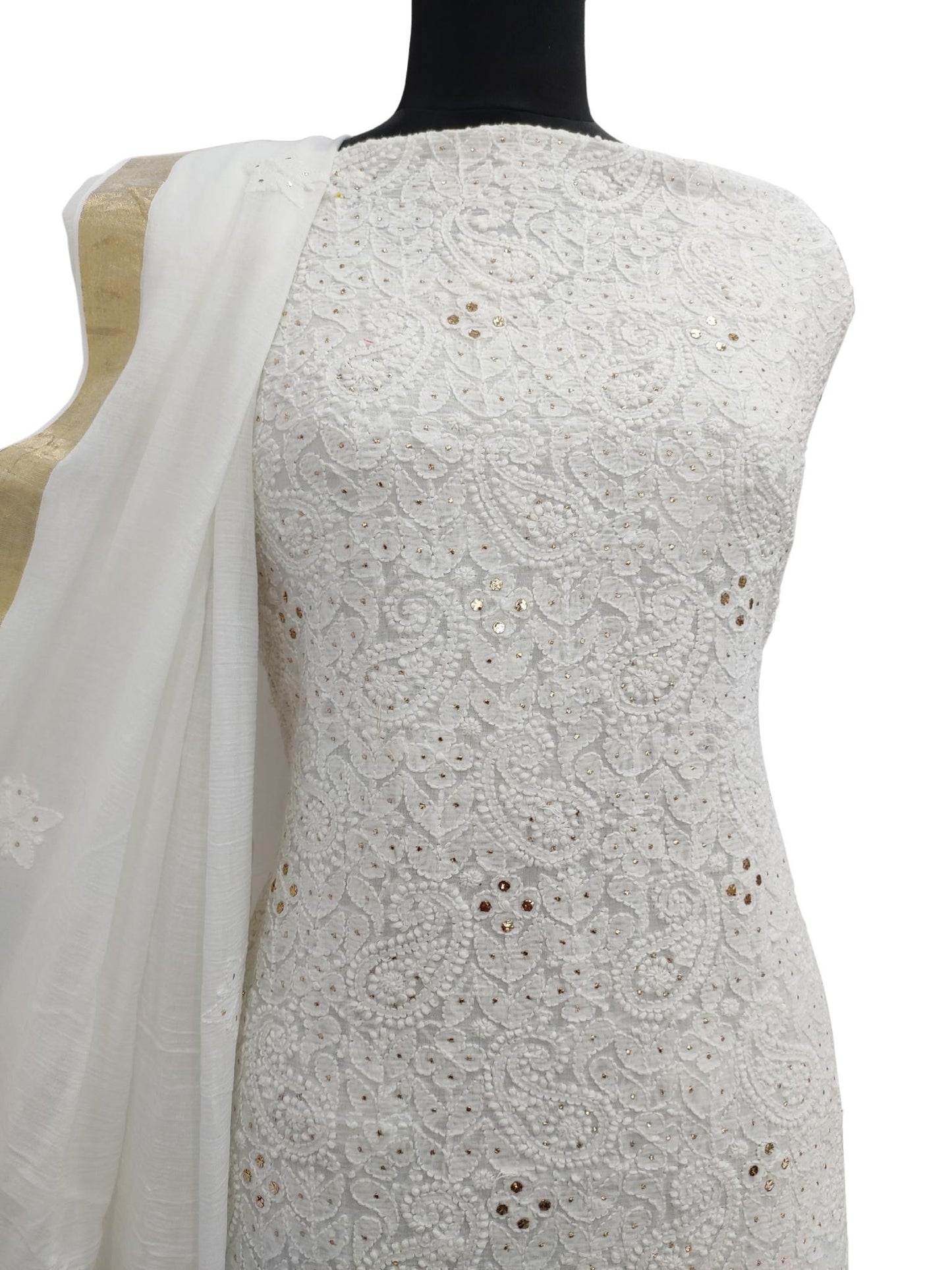 Shyamal Chikan Hand Embroidered White Mangalgiri Cotton Lucknowi Chikankari Unstitched Suit Piece With Mukaish Work ( Set of 2 ) - S16199