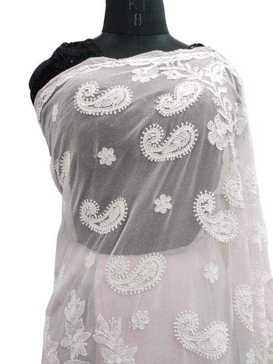 Shyamal Chikan Hand Embroidered Pink Georgette Lucknowi Chikankari Saree With Blouse Piece - S16956