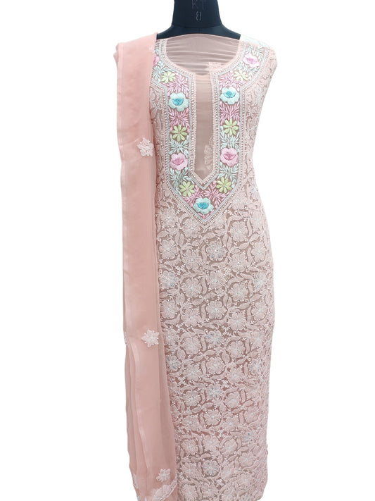 Shyamal Chikan Hand Embroidered Pink Georgette Lucknowi Chikankari Unstitched Suit Piece With Parsi Work - S19797