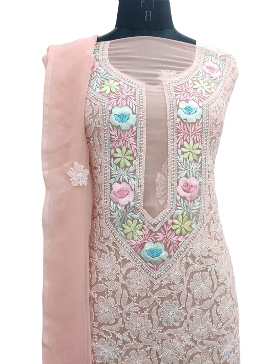 Shyamal Chikan Hand Embroidered Pink Georgette Lucknowi Chikankari Unstitched Suit Piece With Parsi Work - S19797
