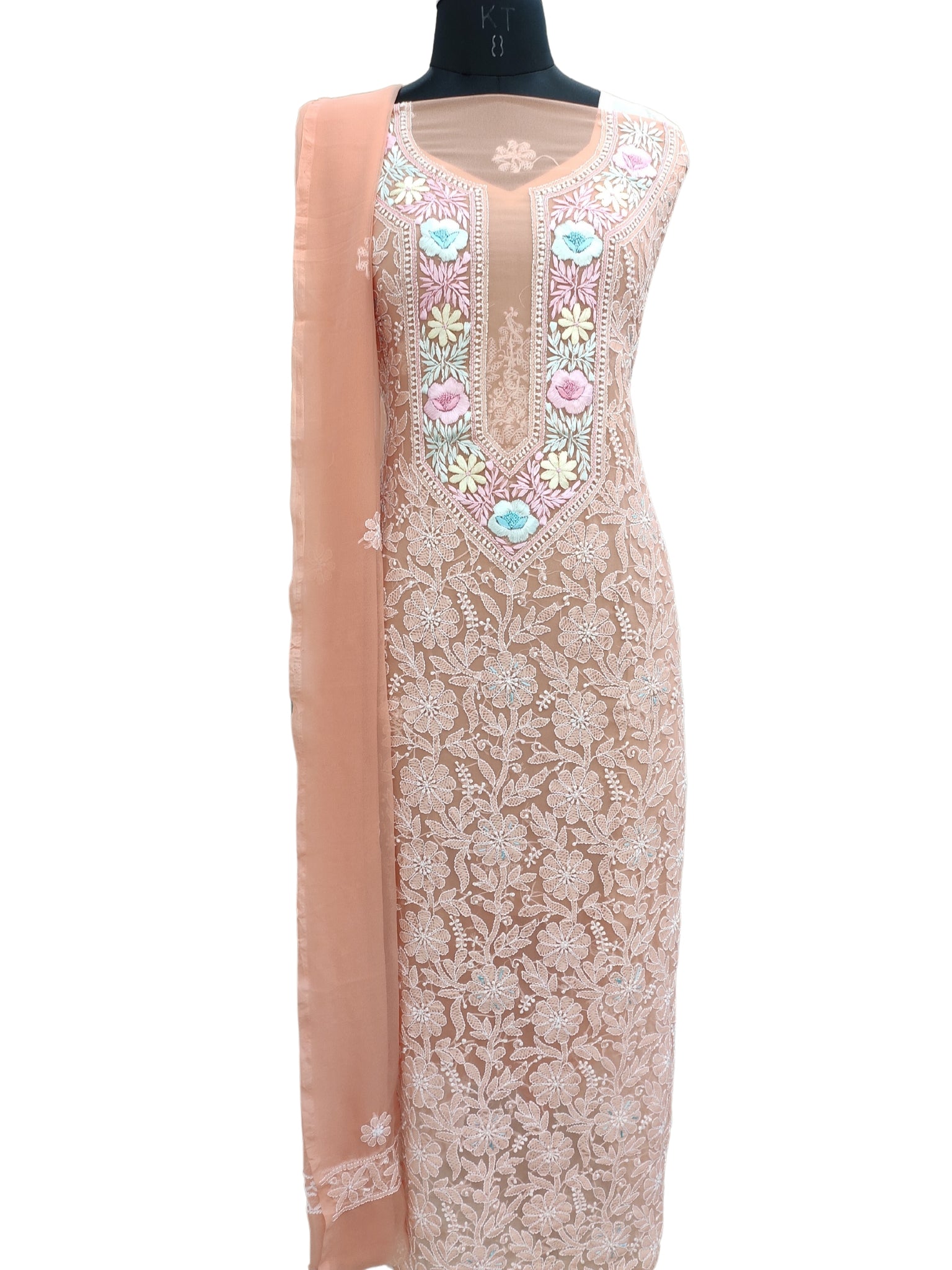 Shyamal Chikan Hand Embroidered Peach Georgette Lucknowi Chikankari Unstitched Suit Piece With Parsi Work - S19796