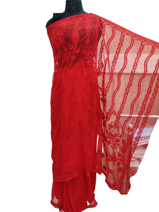 Shyamal Chikan Hand Embroidered Red Georgette Lucknowi Chikankari Saree With Blouse Piece - S19790