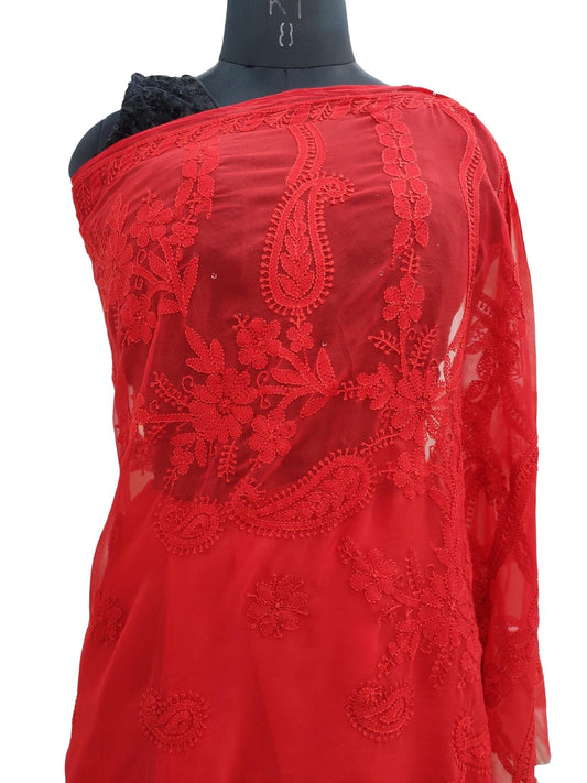 Shyamal Chikan Hand Embroidered Red Georgette Lucknowi Chikankari Saree With Blouse Piece - S19790