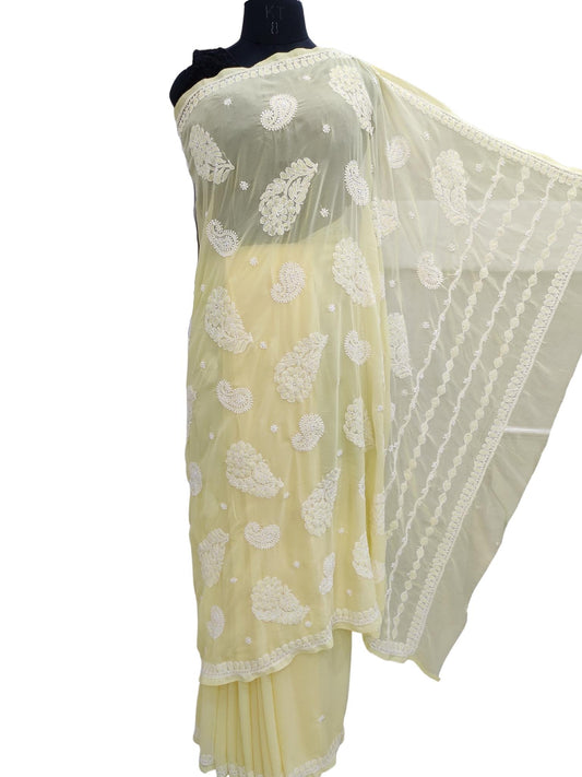 Shyamal Chikan Hand Embroidered Yellow Georgette Lucknowi Chikankari Saree With Blouse Piece - S19793