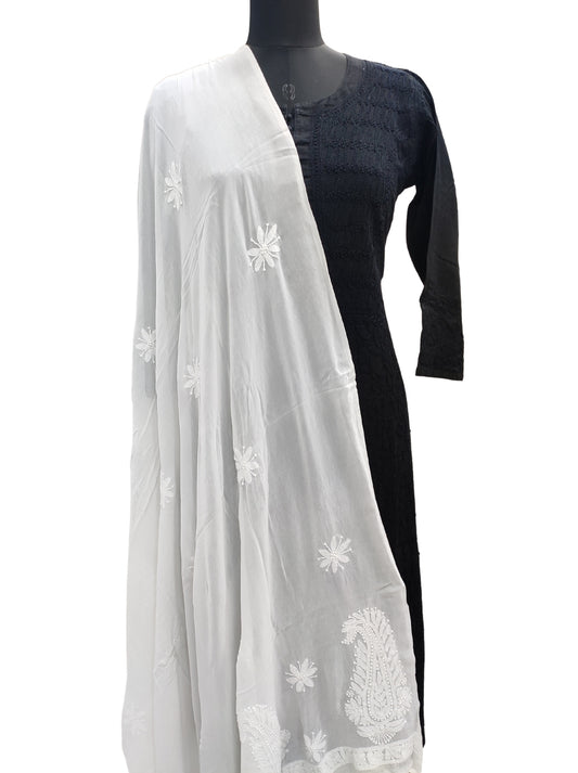 Shyamal Chikan Hand Embroidered White Viscose Georgette Lucknowi Chikankari Dupatta - S12799