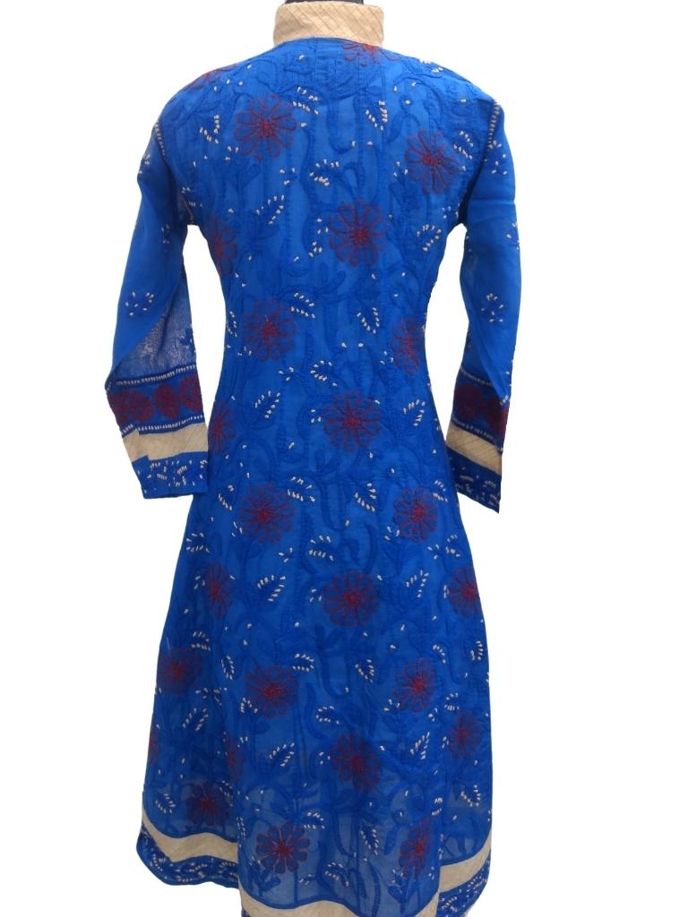 Shyamal Chikan Hand Embroidered Blue Cotton Lucknowi Chikankari Anarkali - S9147