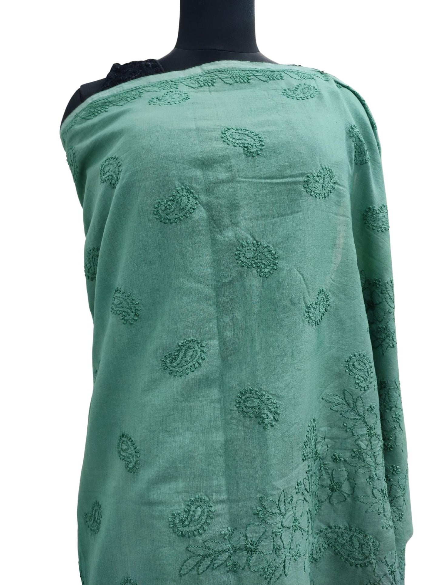 Shyamal Chikan Hand Embroidered Dark Green Chanderi Lucknowi Chikankari Saree With Blouse Piece - S14028
