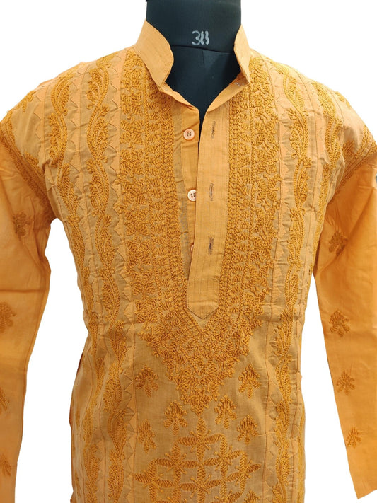 Shyamal Chikan Hand Embroidered Orange Cotton Lucknowi Chikankari Men's Kurta With Daraz Work – S13051