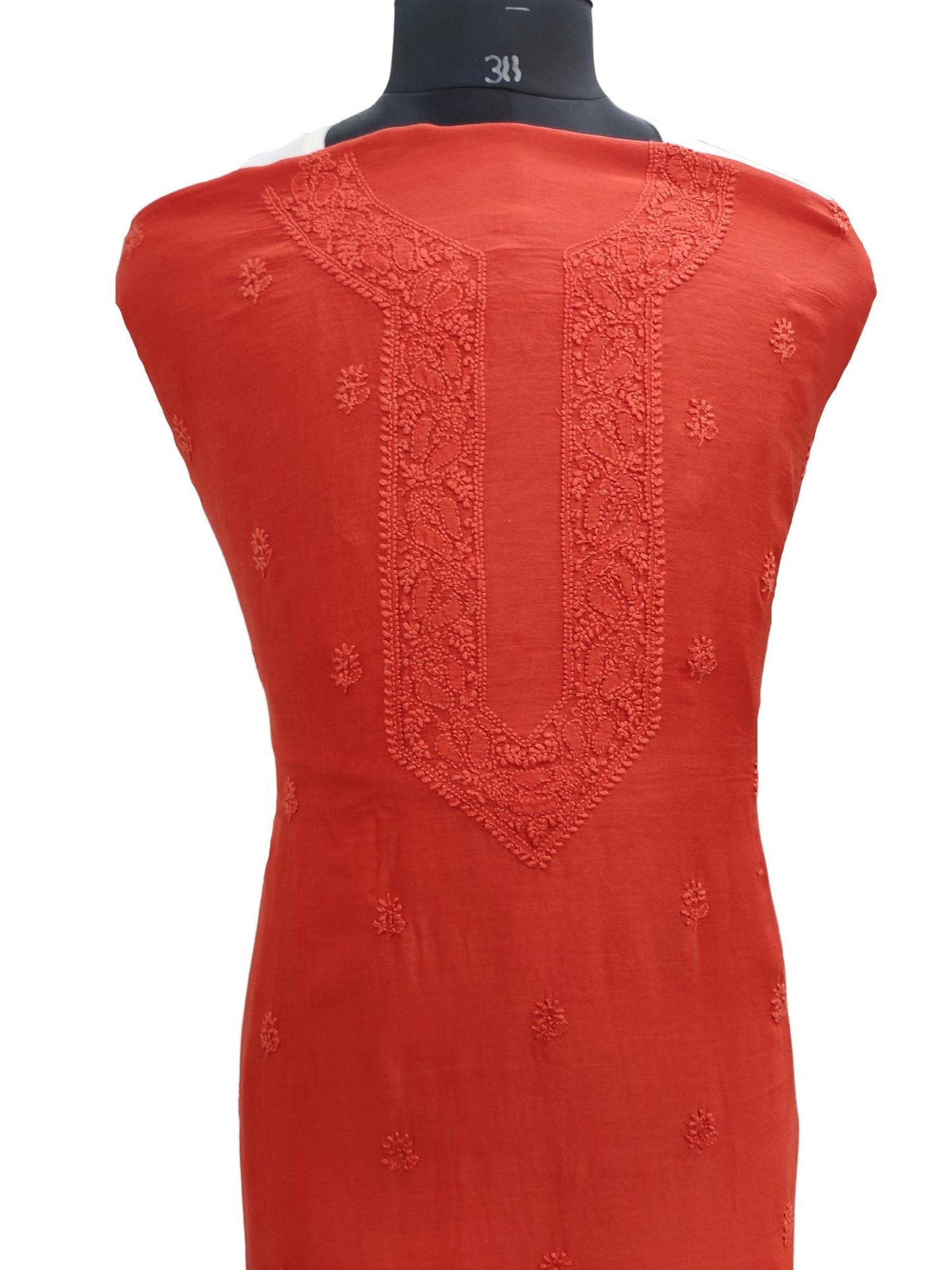 Shyamal Chikan Hand Embroidered Red Pure Chanderi Silk Lucknowi Chikankari Unstitched Men's Kurta Piece – S16854