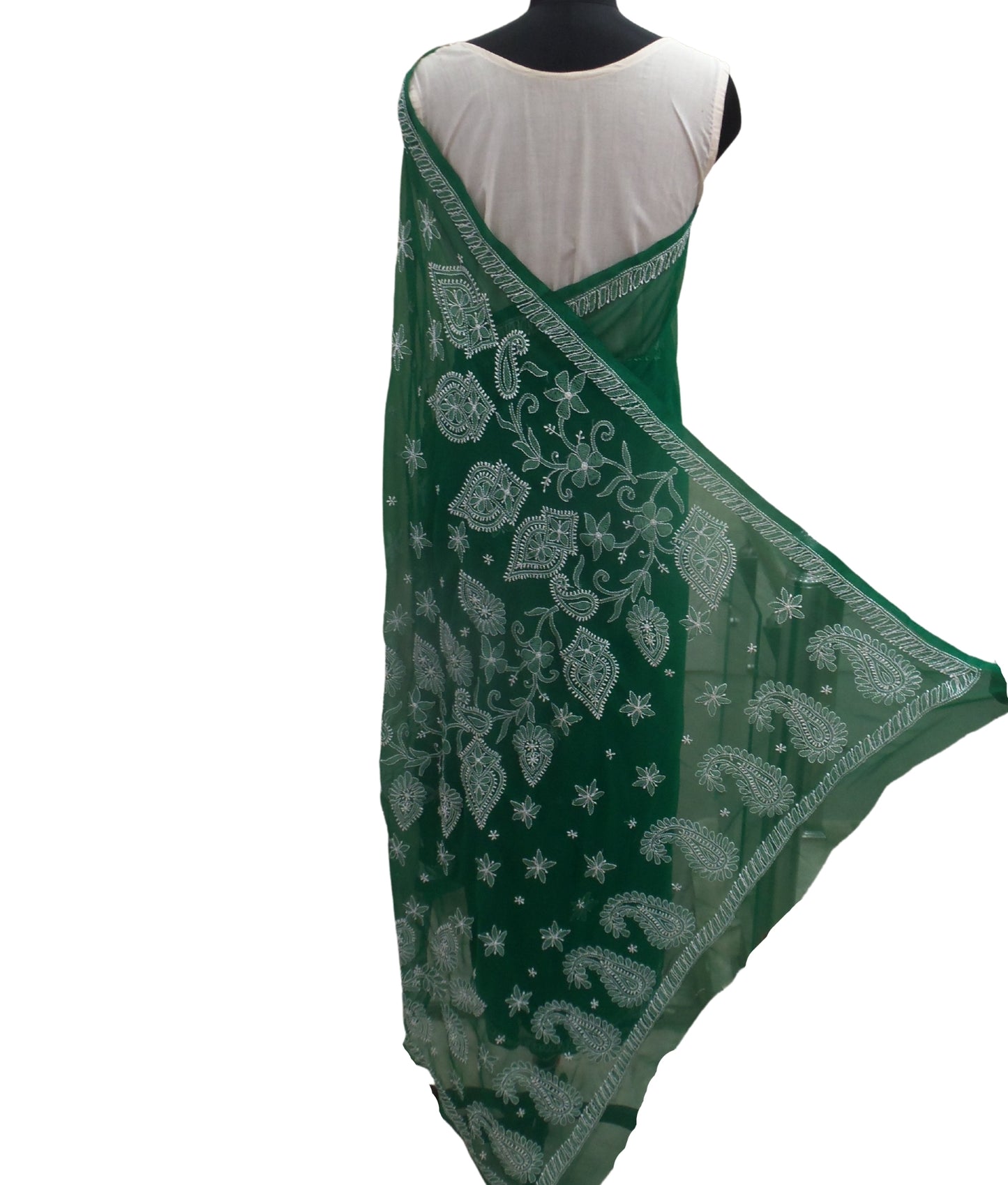 Shyamal Chikan Hand Embroidered Green Georgette Lucknowi Chikankari Saree With Blouse Piece - S5913
