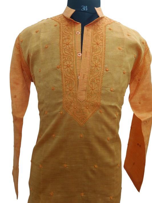 Shyamal Chikan Hand Embroidered Orange Cotton Lucknowi Chikankari Men's Kurta – S6868