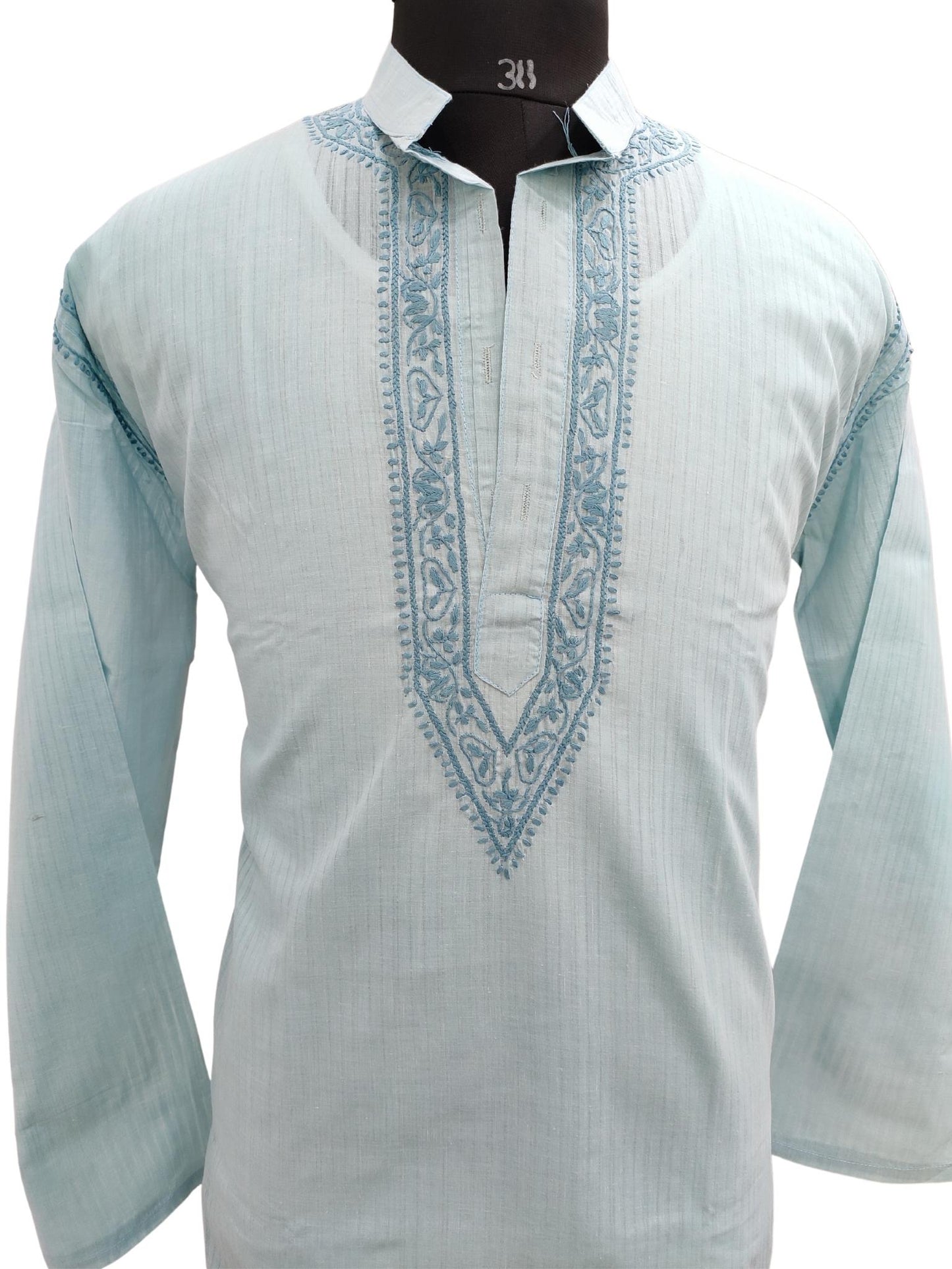 Shyamal Chikan Hand Embroidered Blue Cotton Lucknowi Chikankari Men's Kurta – S17303