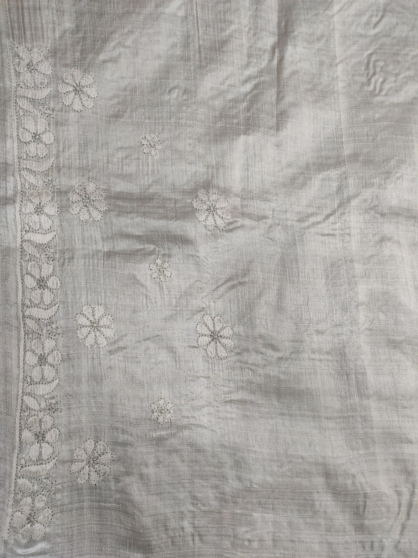 Shyamal Chikan Hand Embroidered Grey Pure Tusser Silk Lucknowi Chikankari Saree With Blouse Piece- S17128