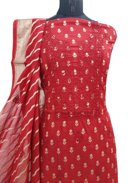 Shyamal Chikan Hand Embroidered Red Chanderi Lucknowi Chikankari Unstitched Suit Piece ( Kurta Dupatta Set ) - S16967